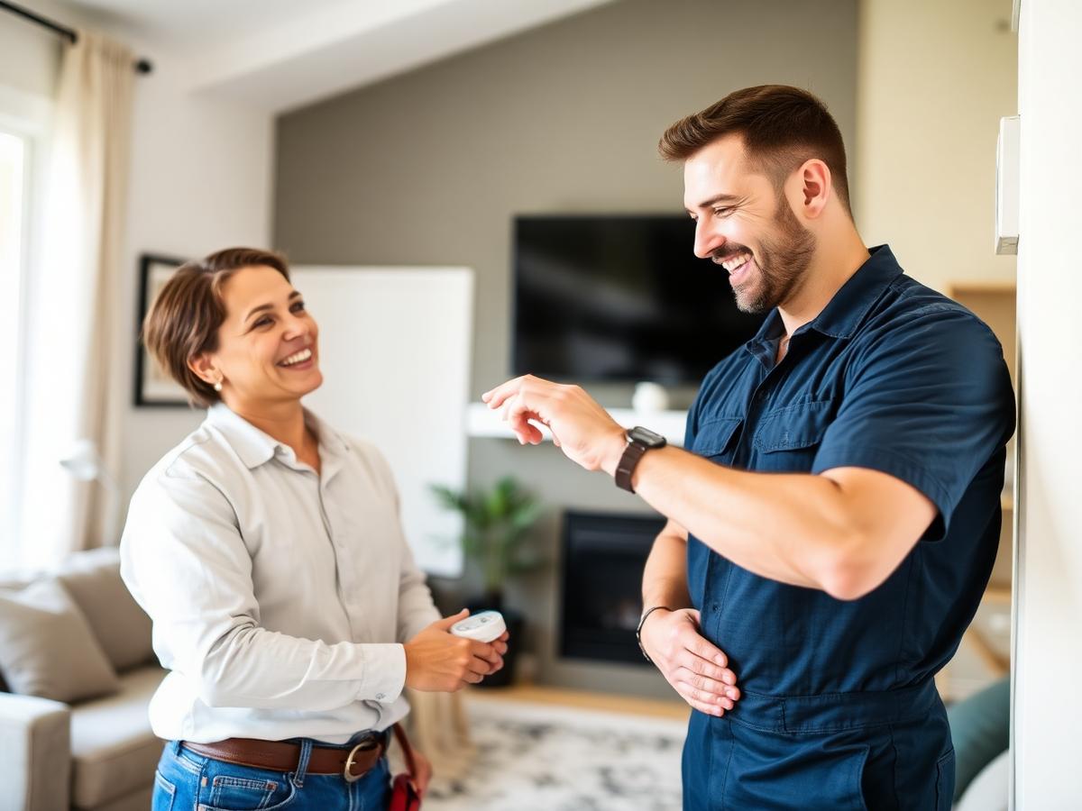 Friendly HVAC technician explaining thermostat to Oshawa homeowner